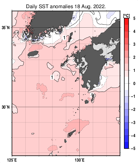 九州・山口県周辺海域の海面水温平年差分布図(8月18日)