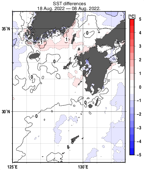 九州・山口県周辺海域の10日間の海面水温変化量分布図（8月18日）