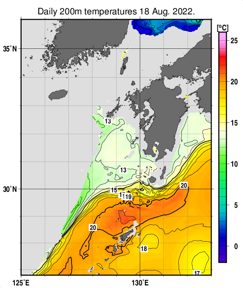 九州・山口県周辺海域の深さ200mの水温分布図（8月18日）