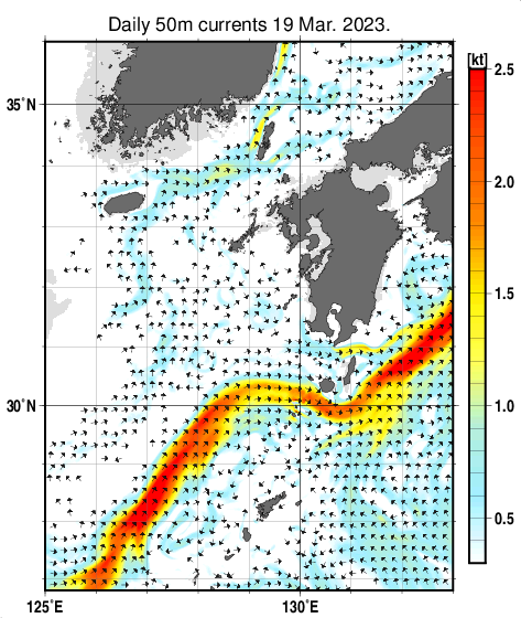 九州・山口県周辺海域の深さ50mの海流分布図（3月19日）