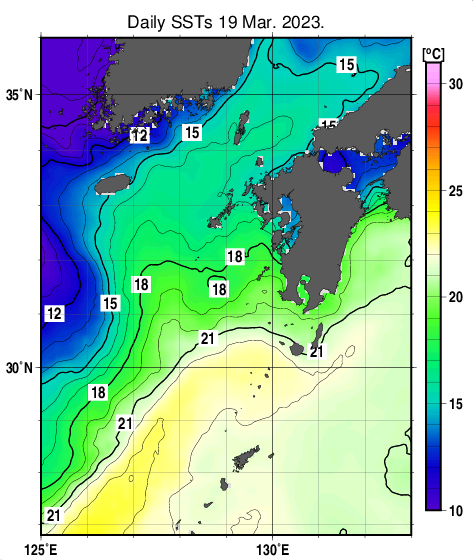 九州・山口県周辺海域の海面水温分布図（3月19日）