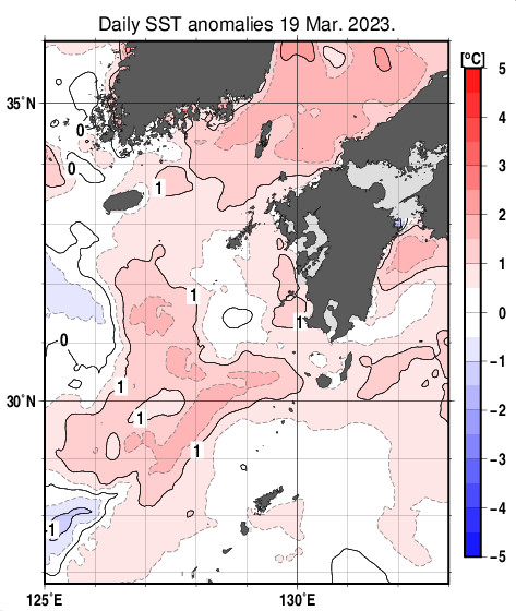 九州・山口県周辺海域の海面水温平年差分布図（3月19日）