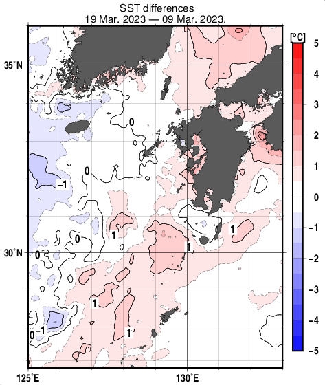 九州・山口県周辺海域の10日間の海面水温変化量分布図（3月19日）
