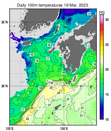 九州・山口県周辺海域の深さ100mの水温分布図（3月19日）