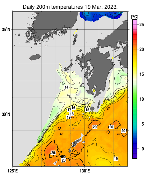 九州・山口県周辺海域の深さ200mの水温分布図（3月19日）