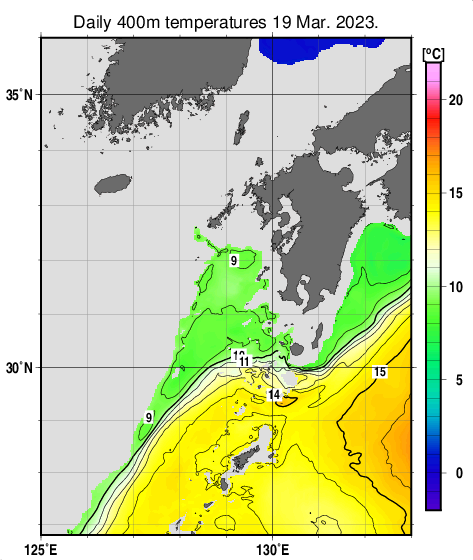 九州・山口県周辺海域の深さ400mの水温分布図（3月19日）