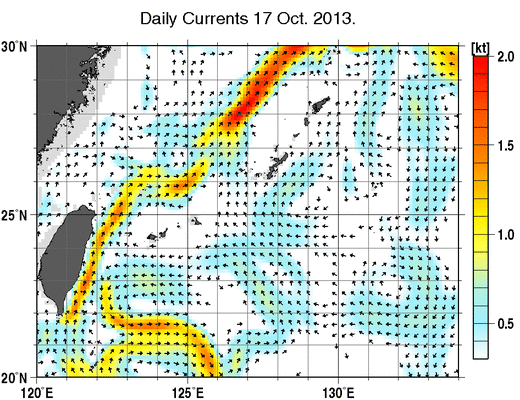 沖縄周辺海域の深さ50mの海流分布図（10月17日）