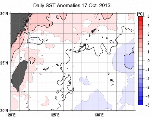 沖縄周辺海域の海面水温平年差分布図（10月17日）