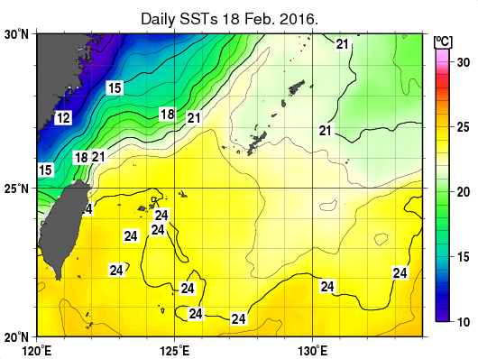 沖縄周辺海域の海面水温分布図（2月18日）