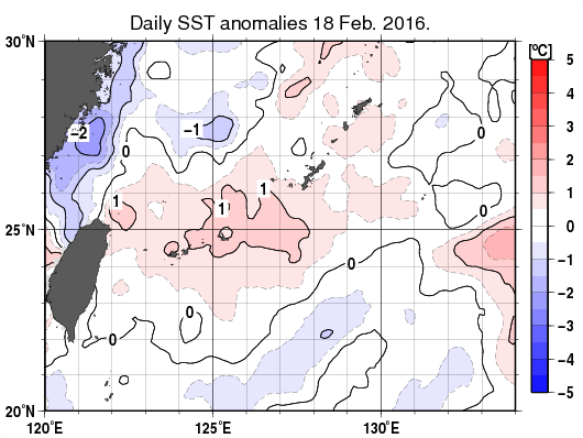 沖縄周辺海域の海面水温平年差分布図（2月18日）