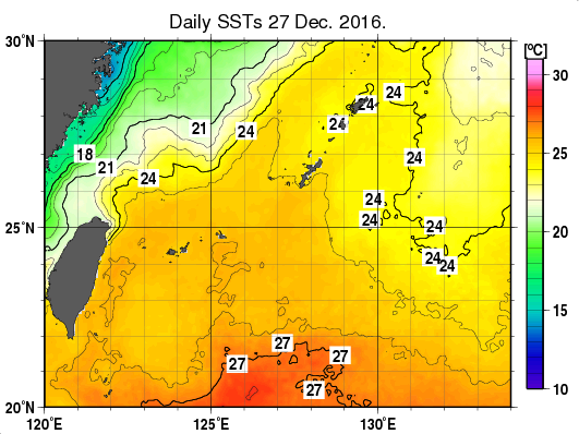 沖縄周辺海域の海面水温分布図（12月27日）