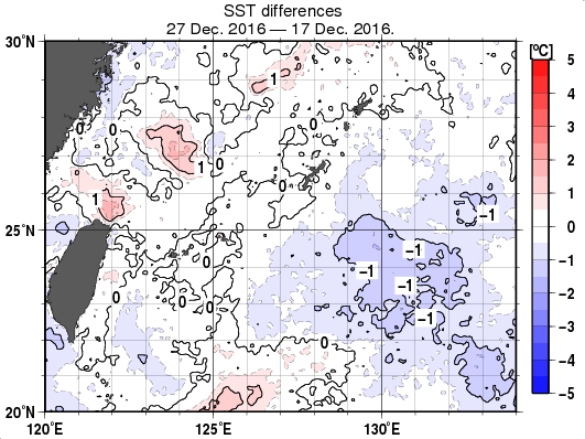 沖縄周辺海域の10日間の海面水温変化量分布図（12月27日）