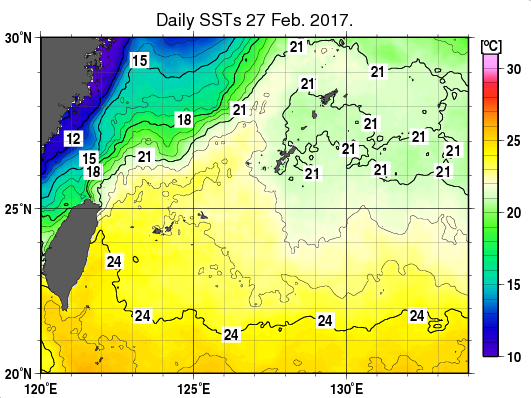 沖縄周辺海域の海面水温分布図（2月27日）