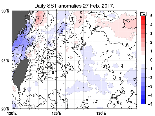 沖縄周辺海域の海面水温平年差分布図（2月27日）