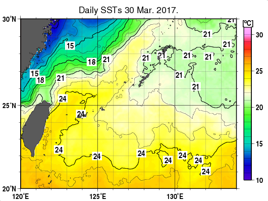 沖縄周辺海域の海面水温分布図（3月30日）