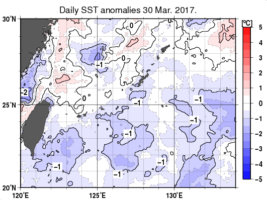 沖縄周辺海域の海面水温平年差分布図（3月30日）