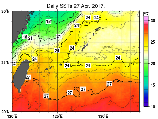 沖縄周辺海域の海面水温分布図（4月27日）