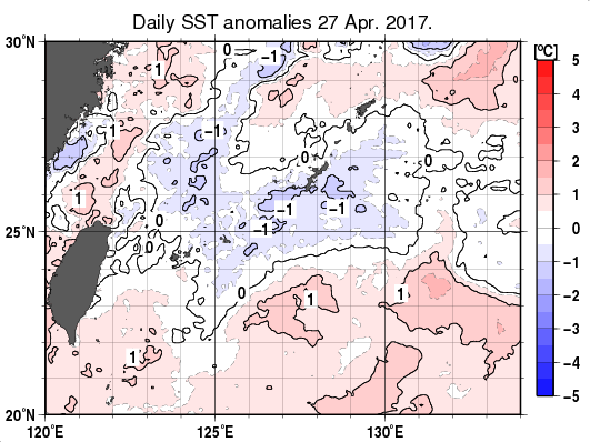 沖縄周辺海域の海面水温平年差分布図（4月27日）