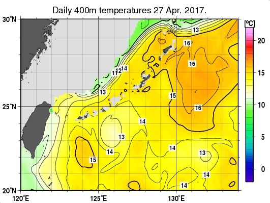 沖縄周辺海域の深さ400mの水温分布図（4月27日）