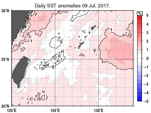 沖縄周辺海域の海面水温平年差分布図（7月9日）