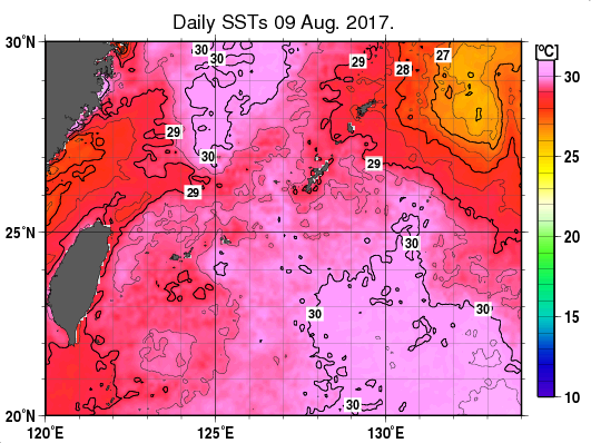 沖縄周辺海域の海面水温分布図（8月9日）