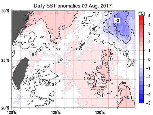 沖縄周辺海域の海面水温平年差分布図（8月9日）