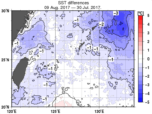 沖縄周辺海域の10日間の海面水温変化量分布図（8月9日）
