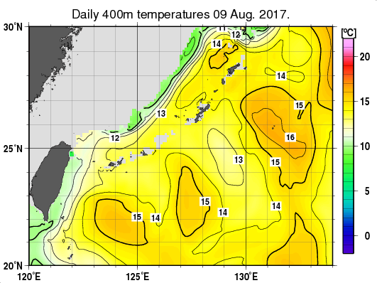 沖縄周辺海域の深さ400mの水温分布図（8月9日）