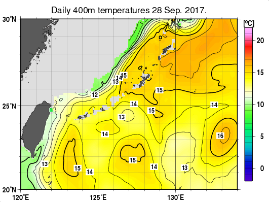 沖縄周辺海域の深さ400mの水温分布図（9月28日）