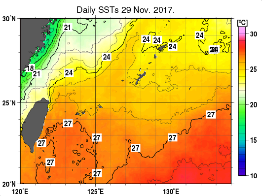 沖縄周辺海域の海面水温分布図（11月29日）