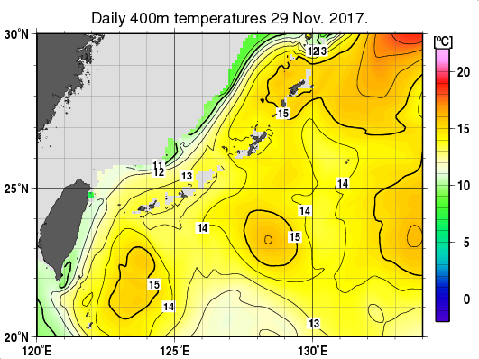 沖縄周辺海域の深さ400mの水温分布図（11月29日）
