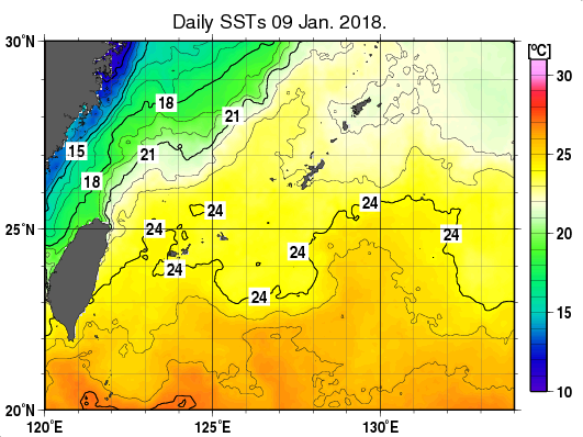沖縄周辺海域の海面水温分布図（1月9日）