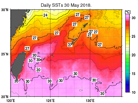 沖縄周辺海域の海面水温分布図（5月30日）