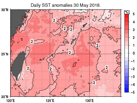 沖縄周辺海域の海面水温平年差分布図（5月30日）