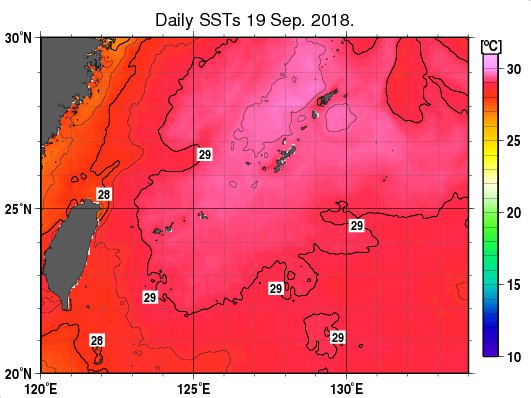 沖縄周辺海域の海面水温分布図（9月19日）