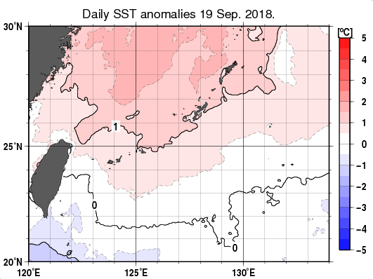 沖縄周辺海域の海面水温平年差分布図（9月19日）