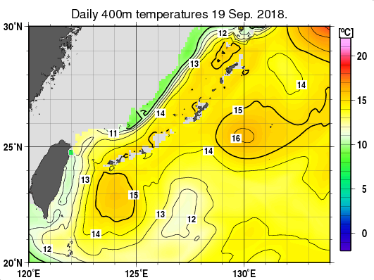 沖縄周辺海域の深さ400mの水温分布図（9月19日）