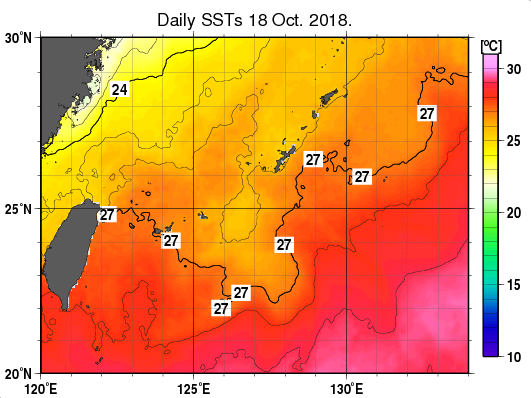 沖縄周辺海域の海面水温分布図（10月18日）