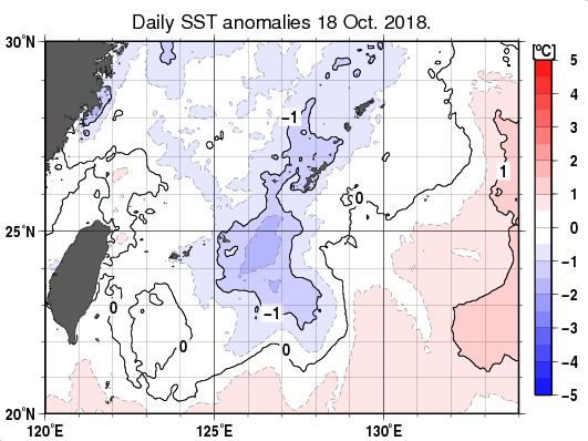 沖縄周辺海域の海面水温平年差分布図（10月18日）