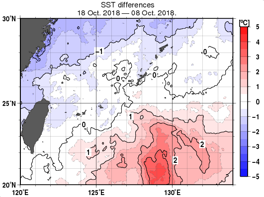 沖縄周辺海域の10日間の海面水温変化量分布図（10月18日）