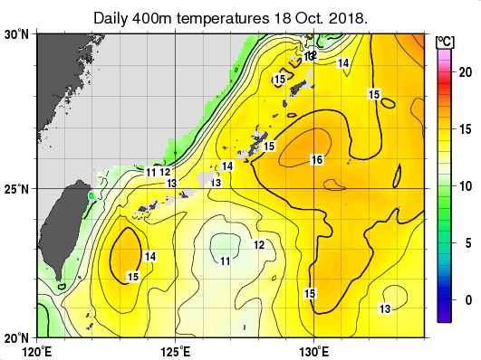 沖縄周辺海域の深さ400mの水温分布図（10月18日）