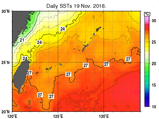 沖縄周辺海域の海面水温分布図（11月19日）