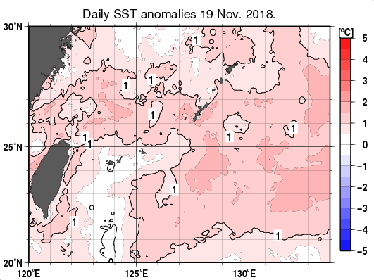 沖縄周辺海域の海面水温平年差分布図（11月19日）