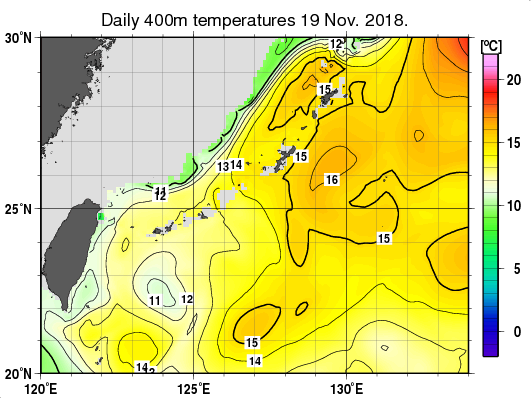 沖縄周辺海域の深さ400mの水温分布図（11月19日）