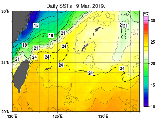 沖縄周辺海域の海面水温分布図（3月19日）