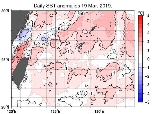 沖縄周辺海域の海面水温平年差分布図（3月19日）