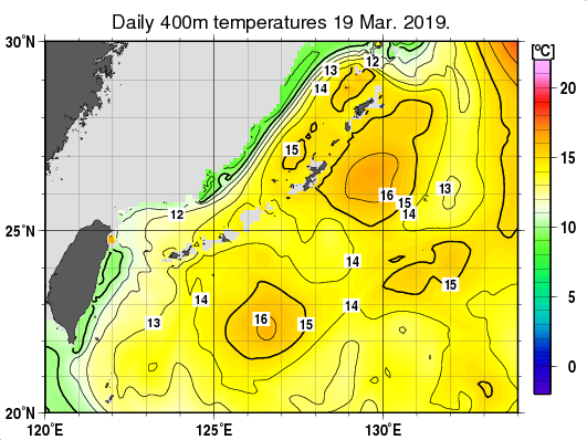 沖縄周辺海域の深さ400mの水温分布図（3月19日）
