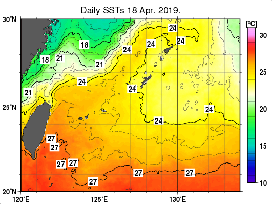 沖縄周辺海域の海面水温分布図（4月18日）