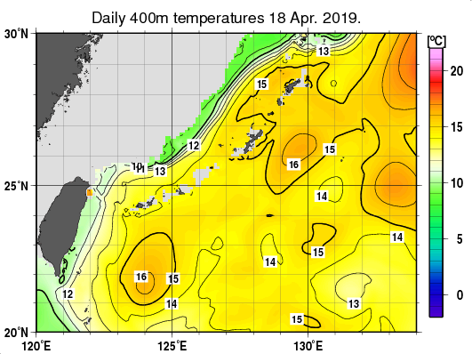 沖縄周辺海域の深さ400mの水温分布図（4月18日）