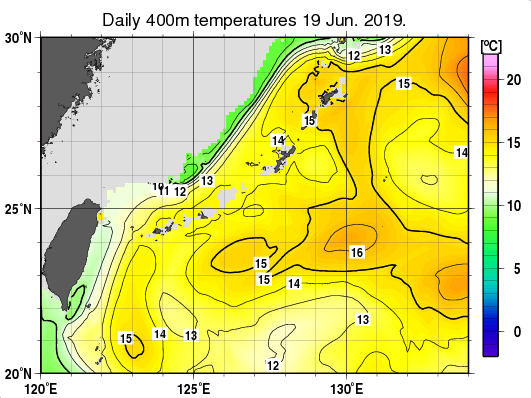 沖縄周辺海域の深さ400mの水温分布図（6月19日）